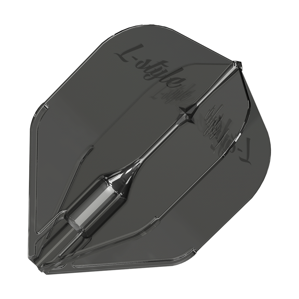 Dies ist ein L-Style Fantom L3EZ Flight in klar-schwarzer Farbe. Das Flight hat eine glatte, transparente Oberfläche mit dem Logo "L-Style" darauf.